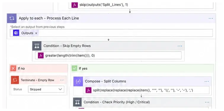 Power Automate row processing and empty-row condition