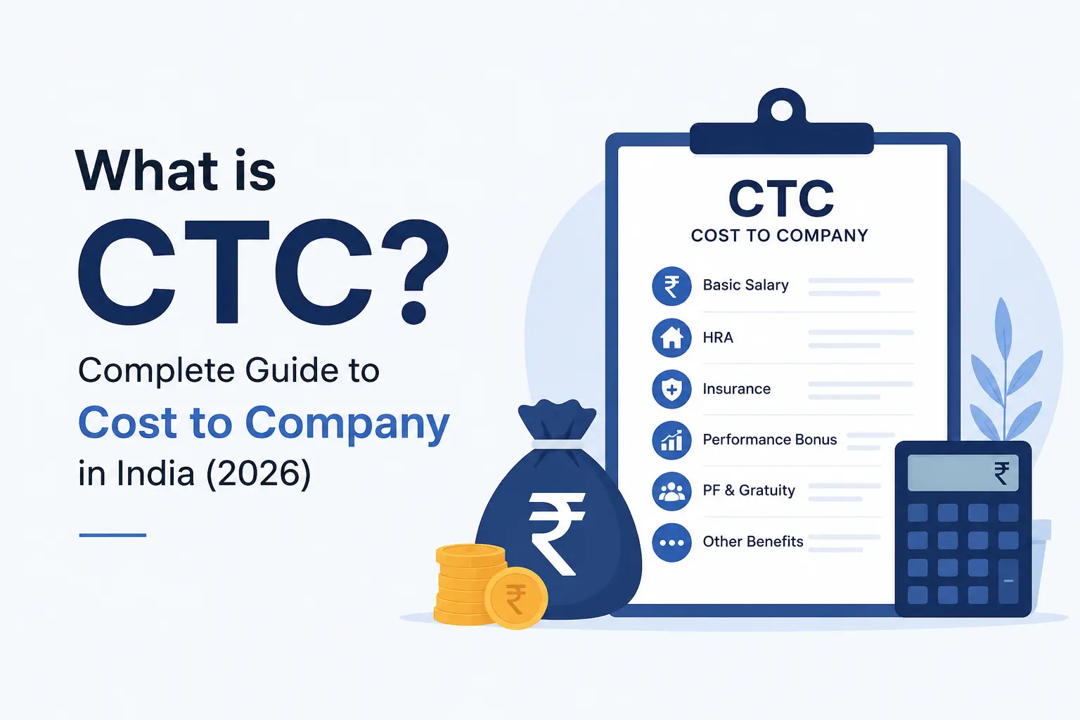 Illustration explaining Cost to Company (CTC), salary components and in-hand salary in India