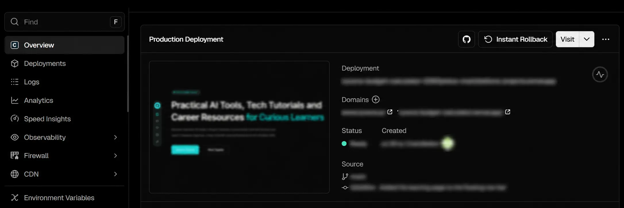 Vercel dashboard showing deployed project and domain settings