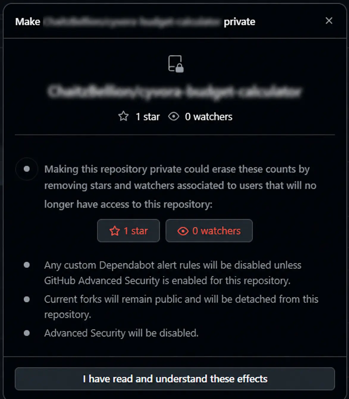 GitHub Warning Page When Making Repository Private