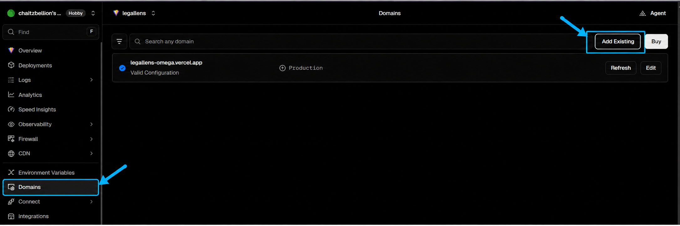 Vercel project Domains settings where a custom domain can be added