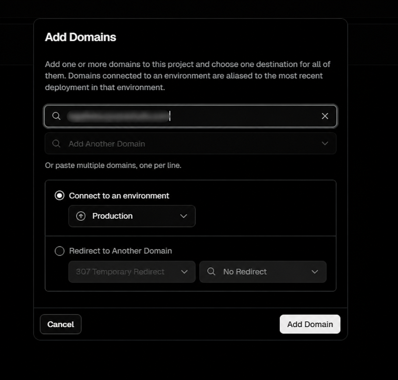 Vercel dialog for entering and adding a custom domain to a project